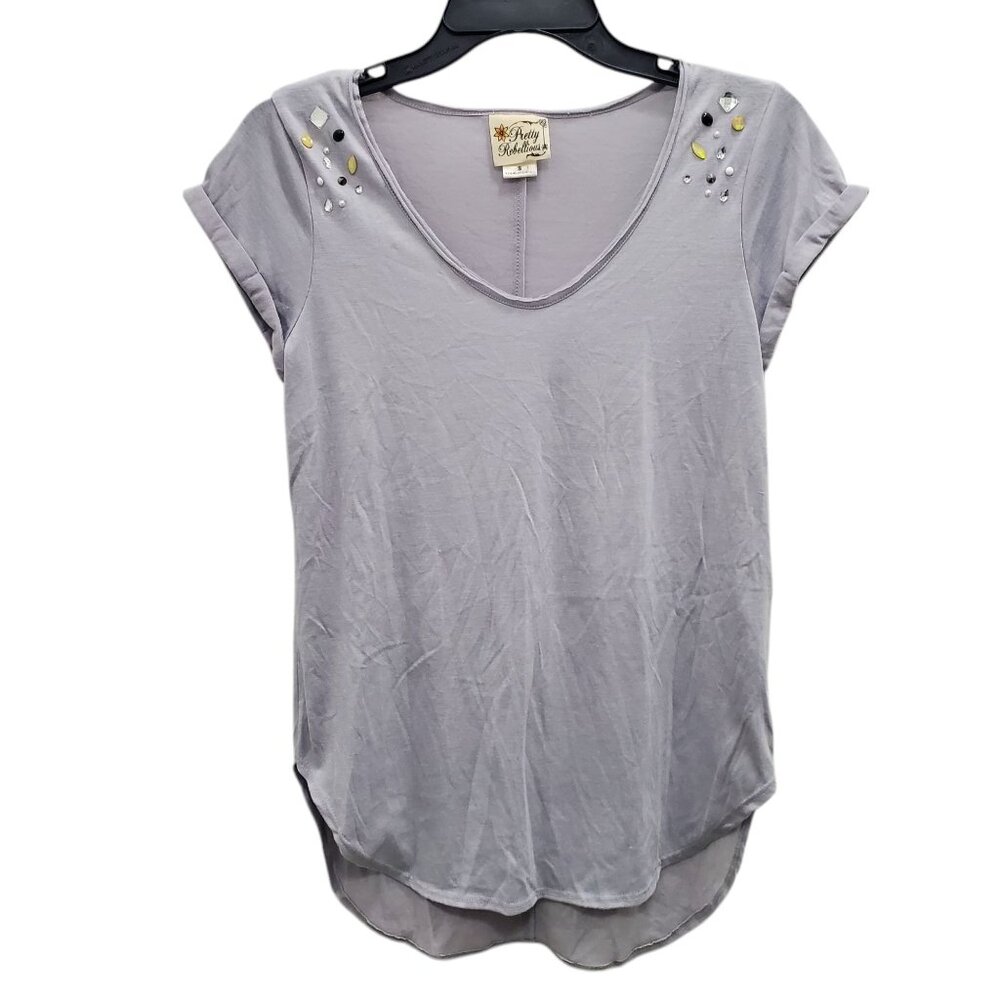 Pretty Rebellious Women's Light Gray Multi Gem Short Sleeve Raw Hem Hi-Low Top S